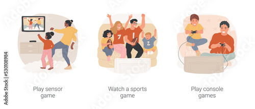 Kids game night isolated cartoon vector illustration set. Playing sensor video game at home, moving in front of screen, family watch sport on tv, father and son holding controller vector cartoon.