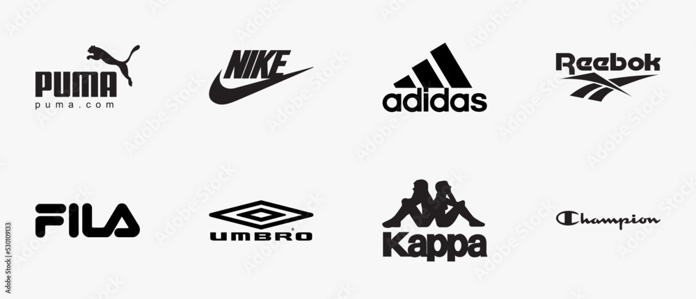 Top sportswear brands logos, Kappa, Umbro, Champion, Reebok, FILA, Puma,  Nike, Adidas, Editorial vector illustration. Stock Vector | Adobe Stock