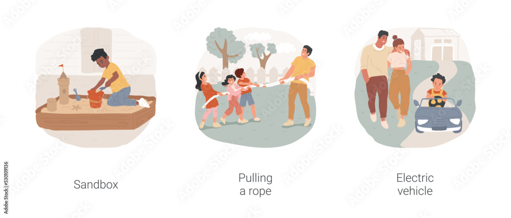 Outdoor summer activities isolated cartoon vector illustration set. Backyard sandbox, outdoor playground, teams pull rope in different directions, child riding electric vehicle vector cartoon.