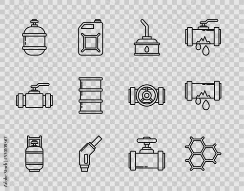 Set line Propane gas tank, Canister motor machine oil, Gasoline pump nozzle, Barrel, Industry metallic pipes and valve and Broken with leaking water icon. Vector