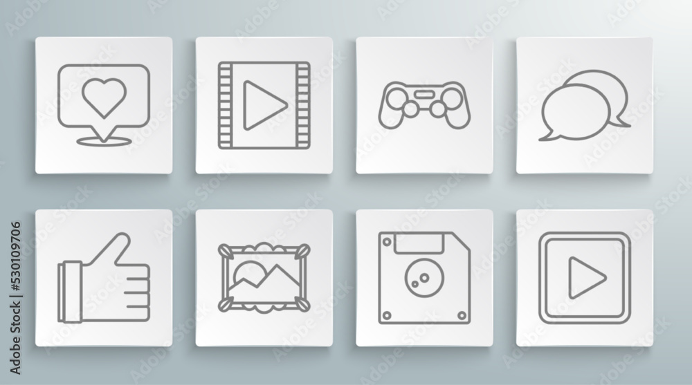 Set line Hand like, Play Video, Picture landscape, Floppy disk for computer data storage, in square, Gamepad, Speech bubble chat and Like heart icon. Vector Set line Hand like, Play Video, Picture landscape, Floppy disk for computer data storage, in square, Gamepad, Speech bubble chat and Like heart icon. Vector