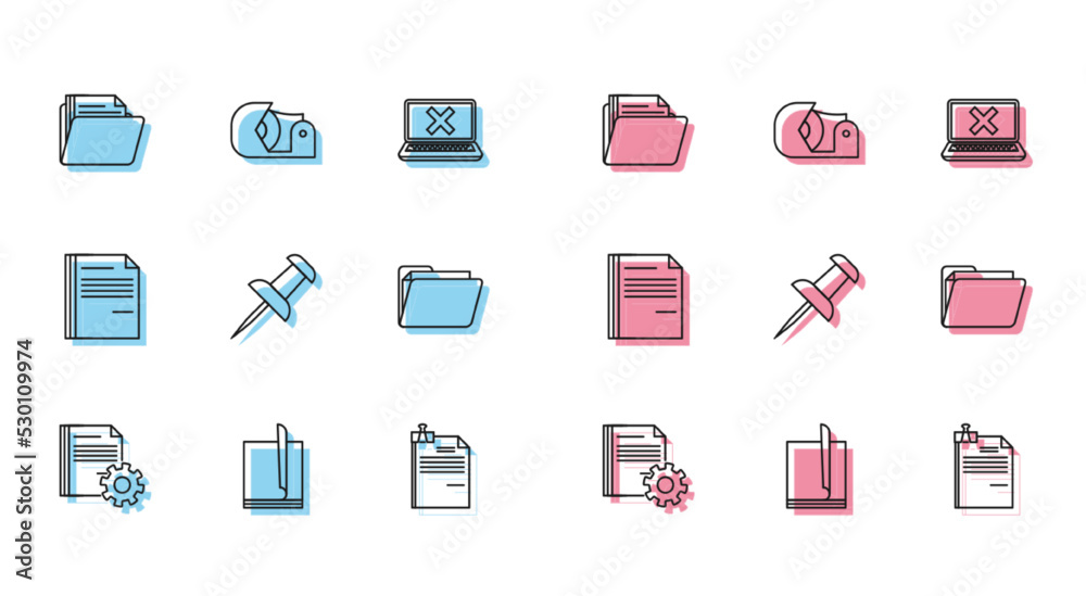 Set line Document settings with gears, File document, folder, and binder clip, Push pin, and Scotch icon. Vector Set line Document settings with gears, File document, folder, and binder clip, Push pin, and Scotch icon. Vector