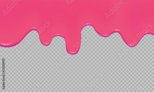 Flowing realistic pink sweet melting icing on transparent background.Dripping glossy pink slime.Spreading sause,cream, milk or caramel.Border of shiny flowing sticky.