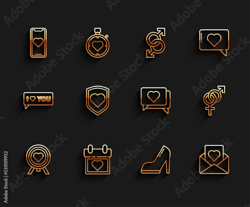 Set line Heart in the center of darts target aim, Calendar with heart, Mobile phone, Woman shoe high heel, Envelope, shield, Gender and Like and icon. Vector