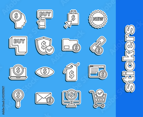 Set line Shopping cart with check mark, Online shopping on screen, Chain link and coin, Shoping bag dollar, Shield, Buy button, Business man planning mind and Envelope icon. Vector