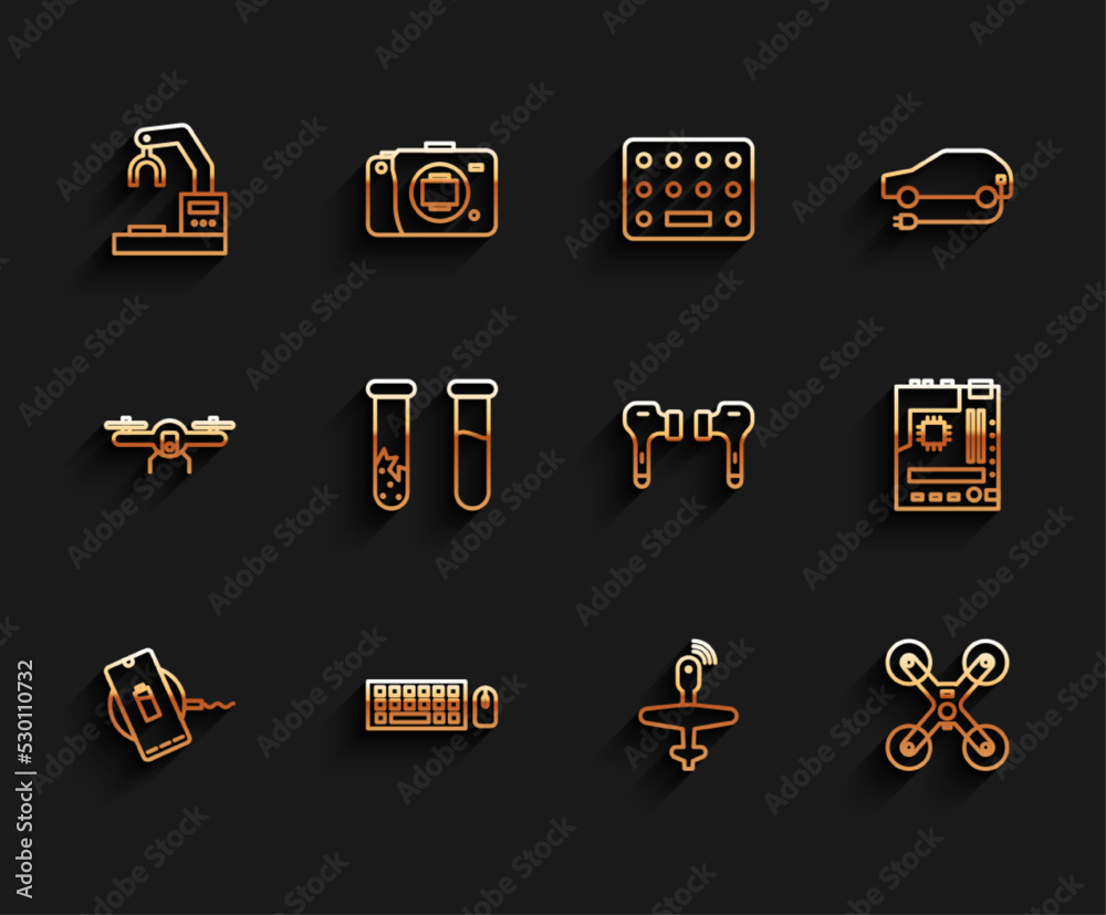 Set line Wireless charger, Keyboard and mouse, Robotic robot arm hand factory, UAV Drone, flying, Test tube flask, Motherboard and Air headphones icon. Vector Set line Wireless charger, Keyboard and mouse, Robotic robot arm hand factory, UAV Drone, flying, Test tube flask, Motherboard and Air headphones icon. Vector