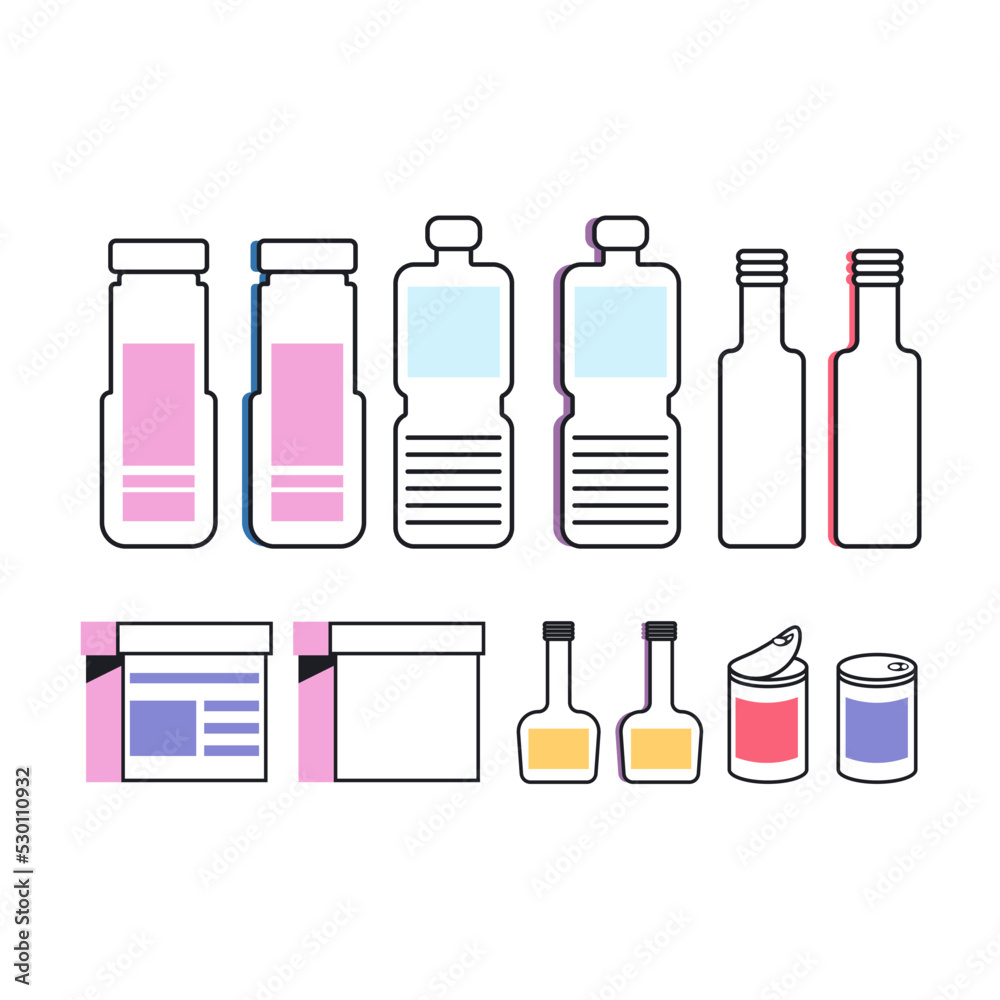Set of bottles, boxes, jars. Ecology. Vector, flat style. Design elements and illustrations. Set of bottles, boxes, jars. Ecology. Vector, flat style. Design elements and illustrations.