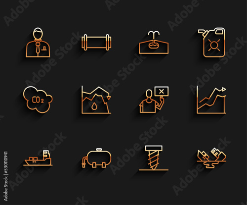 Set line Oil tanker ship, industrial factory building, Businessman stock market trader, Rotating drill digging hole, Wrecked oil, Drop crude price, increase and Nature saving protest icon. Vector