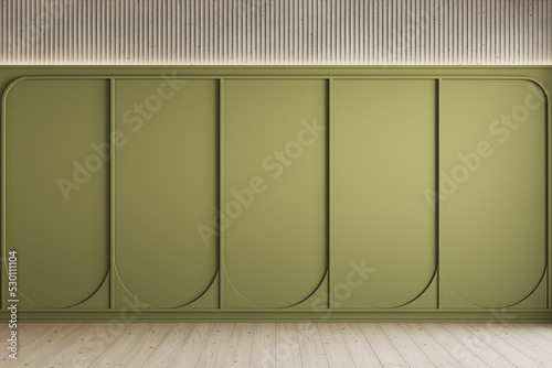 Contemporary classic interior with green wall panels. 3d render illustration mockup. photo