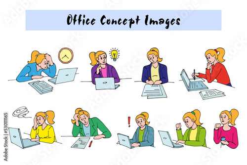Girl at work, different emotions and poses. Work at the computer, vector illustration. Office concept image. Online learning