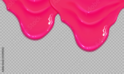 Flowing realistic pink sweet melting icing on transparent background.Dripping glossy pink slime.Spreading sause,cream, milk or caramel.Border of shiny flowing sticky.