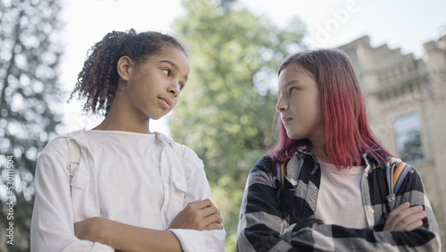 Cuadro en lienzo Two girls looking at each other with hostility, bullying, socialization problem