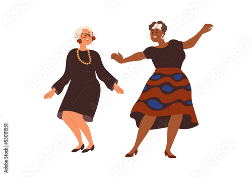 Senior women dance to music. Happy elderly ladies of different race dancing with joy, fun. Active modern old people grannies in movement. Flat graphic vector illustration isolated on white background