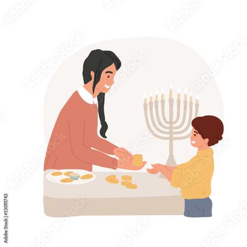 Hanukkah gelt isolated cartoon vector illustration. Smiling adults giving Hanukkah money for children, jewish festival, preparing gelts for religious holidays celebration vector cartoon.