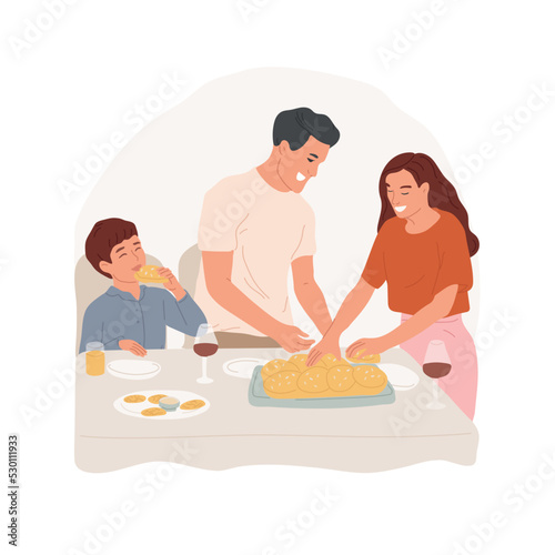 Challah isolated cartoon vector illustration. Family eating jewish baked bread for religious holiday, celebrating Hanukkah together at home, having festive challah dinner vector cartoon.