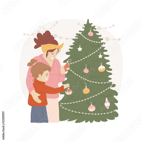 Decorating Christmas tree isolated cartoon vector illustration. Happy mom and smiling daughter decorating Christmas tree at home together, xmas holiday prepation with fun vector cartoon.