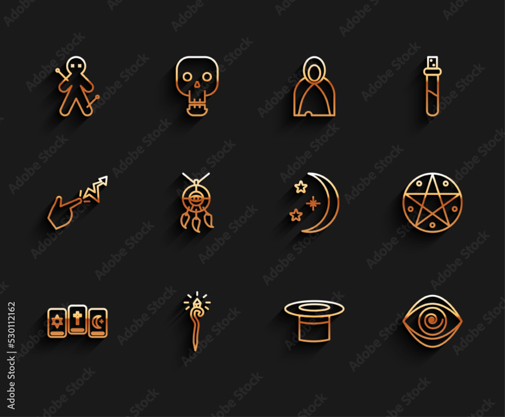 Set line Three tarot cards, Magic staff, Voodoo doll, Magician hat, Hypnosis, Dream catcher with feathers, Pentagram in circle and Moon and stars icon. Vector
