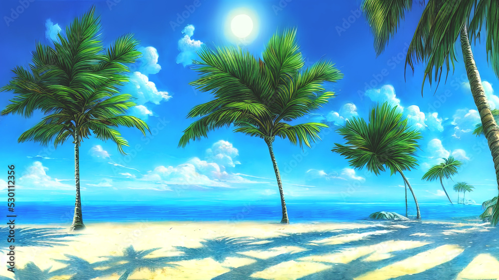 Fototapeta premium Sunny beach on the sea, tall palm trees, horizon. Fantasy seascape with palm trees, sand, blue sky. The perfect place, vacation, island. unreal world. 3D illustration