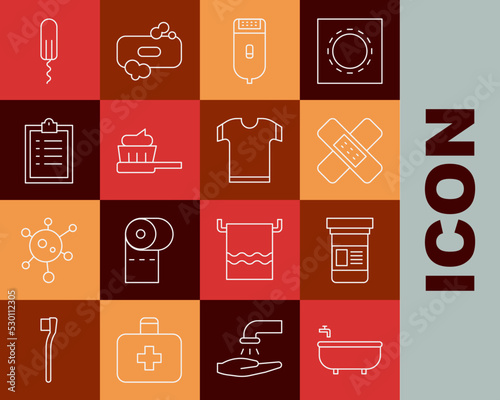 Set line Bathtub, Medicine bottle, Crossed bandage plaster, Electrical hair clipper or shaver, Toothbrush with toothpaste, Clipboard checklist, Sanitary tampon and T-shirt icon. Vector