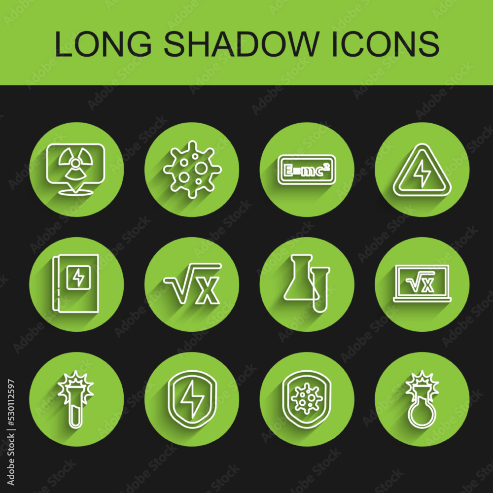 Set line Test tube and flask, Secure shield with lightning, Radioactive location, Shield protecting from virus, Square root of x glyph, and icon. Vector Set line Test tube and flask, Secure shield with lightning, Radioactive location, Shield protecting from virus, Square root of x glyph, and icon. Vector