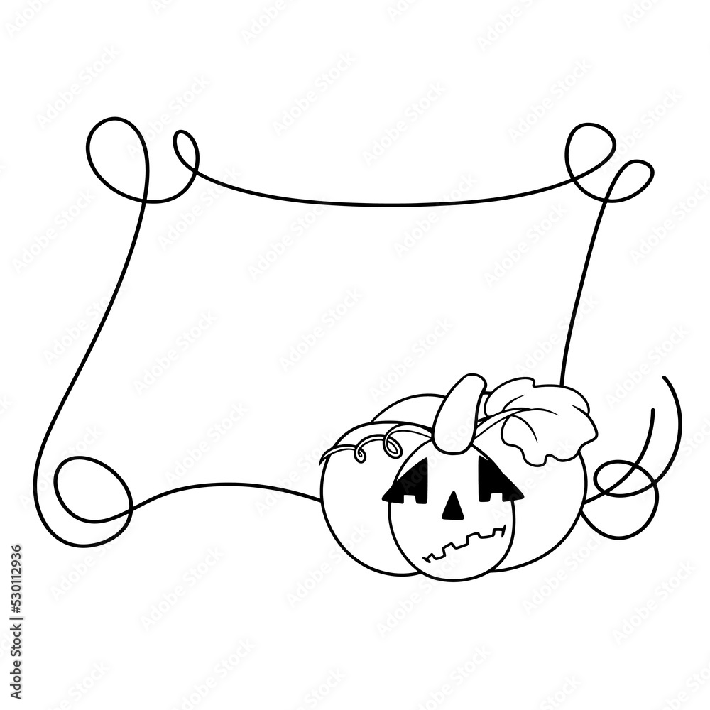 Monochrome Halloween frame with curlicues, Pumpkin sad grins, Copy space, Vector cartoon Monochrome Halloween frame with curlicues, Pumpkin sad grins, Copy space, Vector cartoon