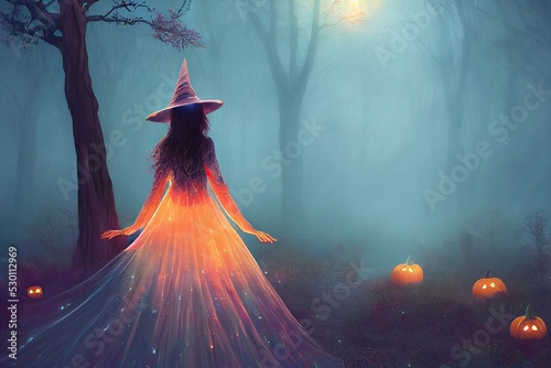 Fotografia, Obraz Magical witch silhouette wearing hat and dress standing in halloween forest