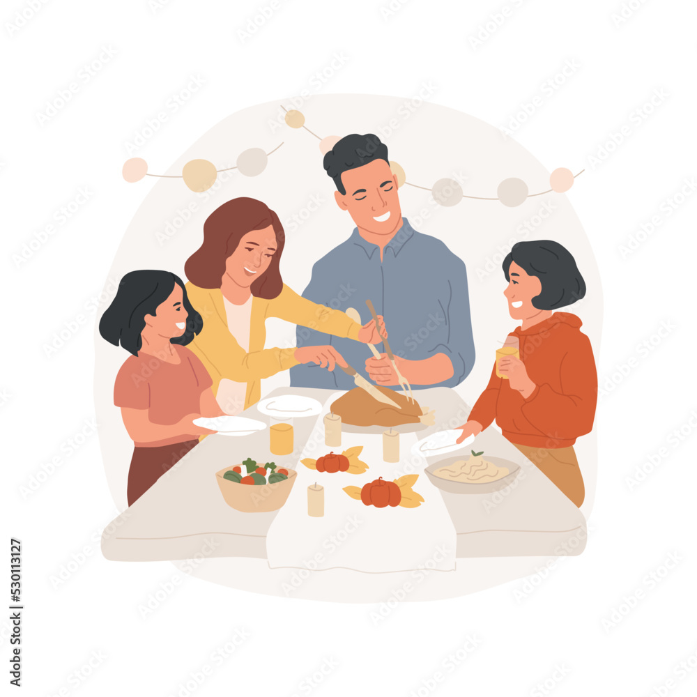 Having festive dinner isolated cartoon vector illustration. Friendly family celebrating Thanksgiving Day together, people having festive dinner, eating holidays dishes vector cartoon. Having festive dinner isolated cartoon vector illustration. Friendly family celebrating Thanksgiving Day together, people having festive dinner, eating holidays dishes vector cartoon.