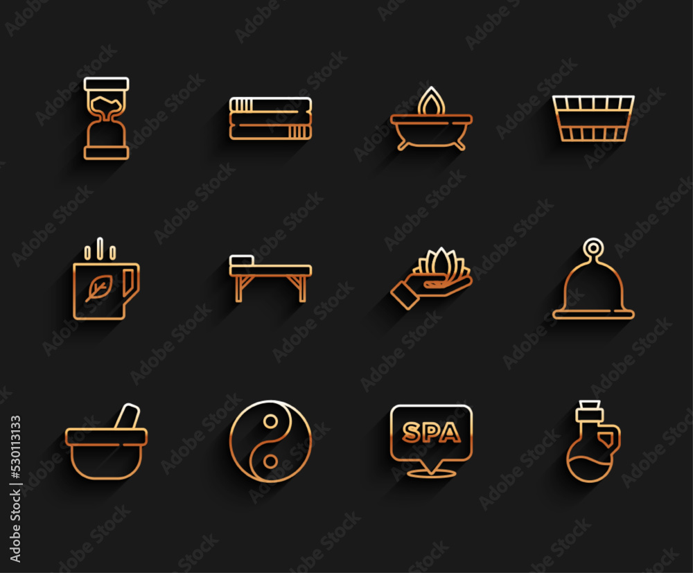Set line Mortar and pestle, Yin Yang, Old hourglass, Spa salon, Essential oil bottle, Massage table, Sauna hat and Lotus flower icon. Vector Set line Mortar and pestle, Yin Yang, Old hourglass, Spa salon, Essential oil bottle, Massage table, Sauna hat and Lotus flower icon. Vector