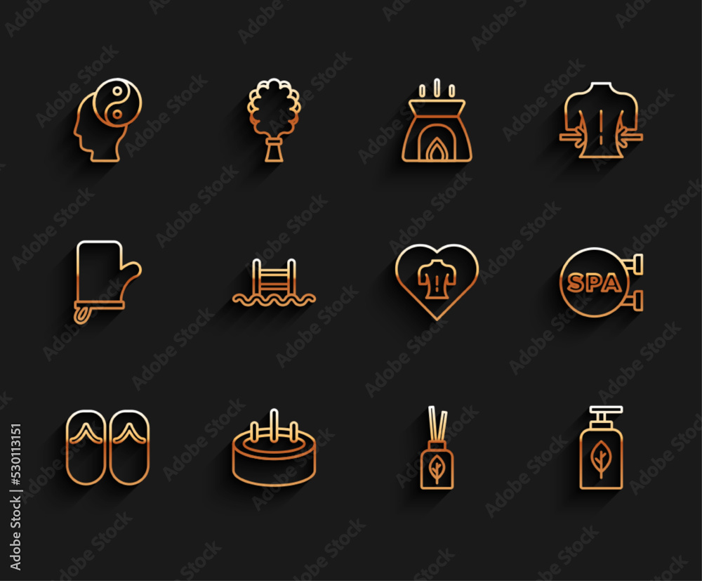 Set line Flip flops, Swimming pool with ladder, Yin Yang, Aroma diffuser, Essential oil bottle, Spa salon and Massage icon. Vector Set line Flip flops, Swimming pool with ladder, Yin Yang, Aroma diffuser, Essential oil bottle, Spa salon and Massage icon. Vector