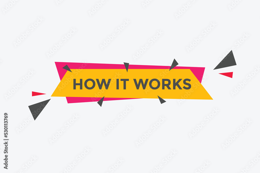 How it works text button. How it works sign speech bubble. Web banner label template. Vector Illustration
