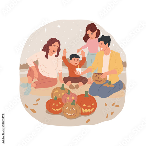 Lighting bonfires isolated cartoon vector illustration. Happy and smiling people lighting bonfires together, honoring old traditions, Halloween pumpkins, public holiday party vector cartoon.
