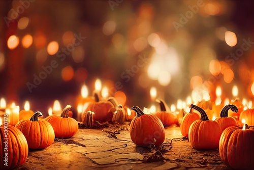 Happy Halloween background, pumpkins in night bokeh backdrop.