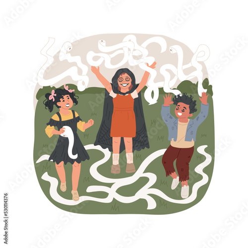 Toilet papering isolated cartoon vector illustration. Group of happy and smiling kids trowing toilet paper on a tree and having fun, holiday celebration, prank outdoors vector cartoon. photo