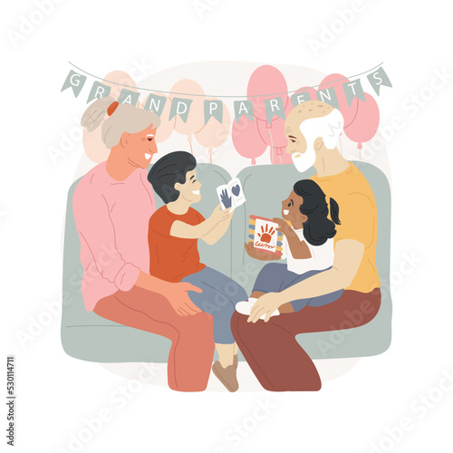 Grandparents day isolated cartoon vector illustration. Diverse kids presenting hand craft gifts to grandparents, family tradition, love and happiness, senior people celebration vector cartoon.