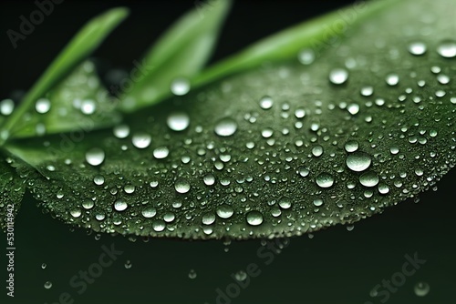 Beauty transparent drop of water on a green leaf macro with sun glare. Beautiful artistic image of environment nature in spring or summer. 3d render, Raster illustration.