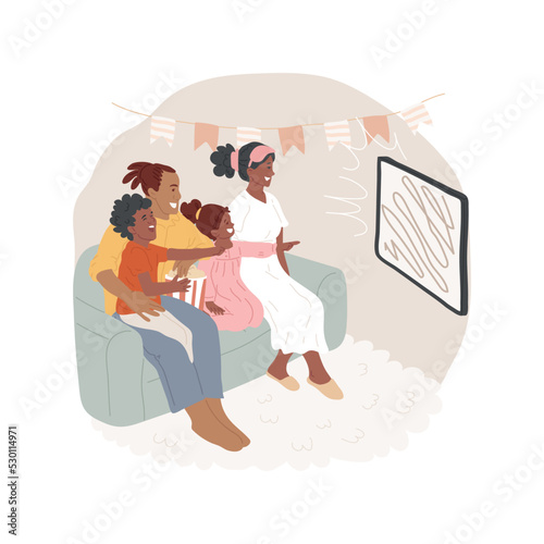 Movie night isolated cartoon vector illustration. Watching a family movie, spending leisure time together, sitting on a sofa with popcorn, parents and children, lifestyle vector cartoon.