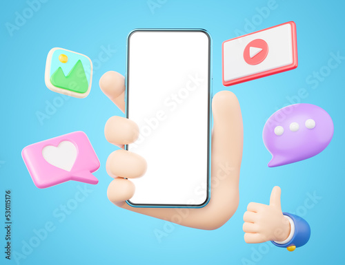 Fototapeta Naklejka Na Ścianę i Meble -  3D human hand holding smartphone. Social media icon with love, like, photo, play video, comment floating on isolated. Mobile phone blank white screen. Mockup Cartoon smooth. 3d render. Clipping path.