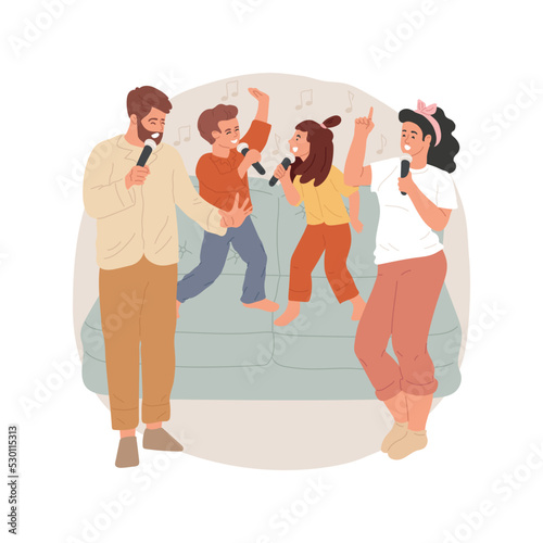 Karaoke night isolated cartoon vector illustration. Family night, singing with microphone in a living room, children standing on a sofa, leisure time, karaoke evening at home vector cartoon.