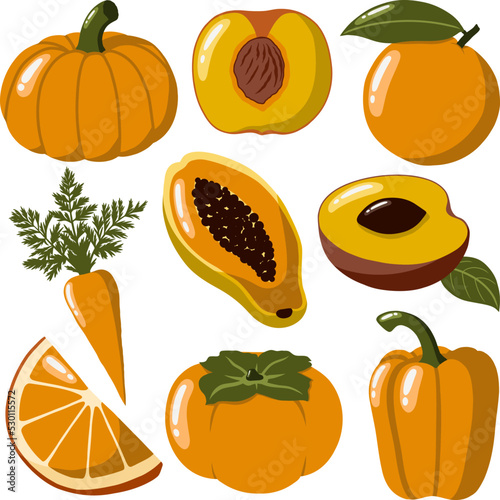 Orange vector vegetables and fruits. Pumpkin, peach, orange, mango, carrot, plum, persimmon and pepper