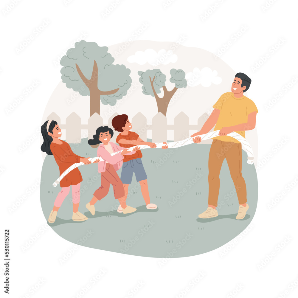Pulling a rope isolated cartoon vector illustration. Children and adults pull rope in different directions, outdoor fun, active game, leisure time, family plays together vector cartoon.