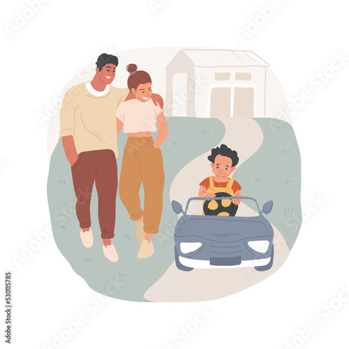 Electric vehicle isolated cartoon vector illustration. Children riding small plastic car, parent walking behind, outdoor activity for kids, electric vehicle for toddler, rental vector cartoon.