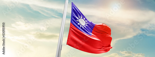 Taiwan national flag cloth fabric waving on the sky - Image photo