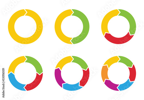 Pie chart set. Colorful diagram collection with 1,2,3,4,5,6 sections or steps. Circle icons for infographic, UI, web design, business presentation. Vector illustration.