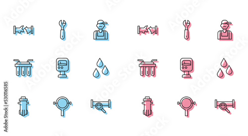 Set line Water filter, Filter wrench, Broken pipe, Industry metallic, Pressure water meter, drop, and Wrench spanner icon. Vector