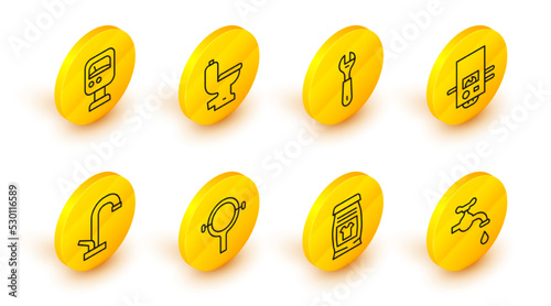 Set line Water tap, Laundry detergent, Filter wrench, Gas boiler, Wrench spanner, Toilet bowl and Pressure water meter icon. Vector