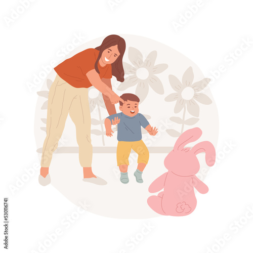 First steps isolated cartoon vector illustration. Child making first steps, parent encouraging showing the toy, toddler physical development, raising children, learn walking vector cartoon.