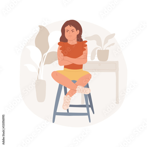 Time-out isolated cartoon vector illustration. Child sitting on a chair alone with hands folded, offended face, time out for misbehaving kid, parents raising children, parenting vector cartoon.
