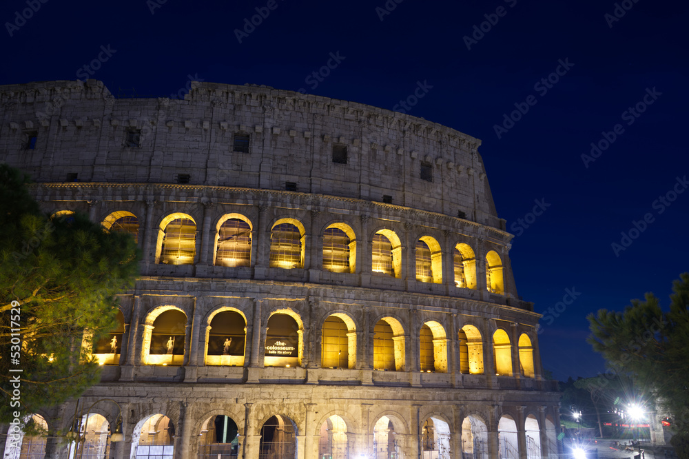 The Colosseum in Rome Italy during sunset in the summer.