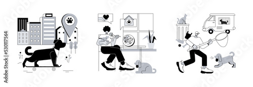 Pet ownership abstract concept vector illustration set. Pet in the big city, dog friendly place, animal control service, walking place, rescue service, stray dogs and cats abstract metaphor.