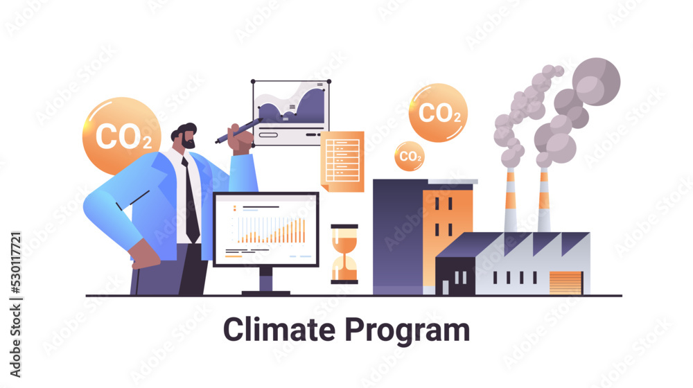 carbon credit climate program businessman analyzing statistic data graphs responsibility of co2 emission environment strategy